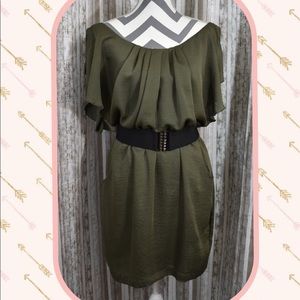 Cinched waist olive dress with belt and pockets
